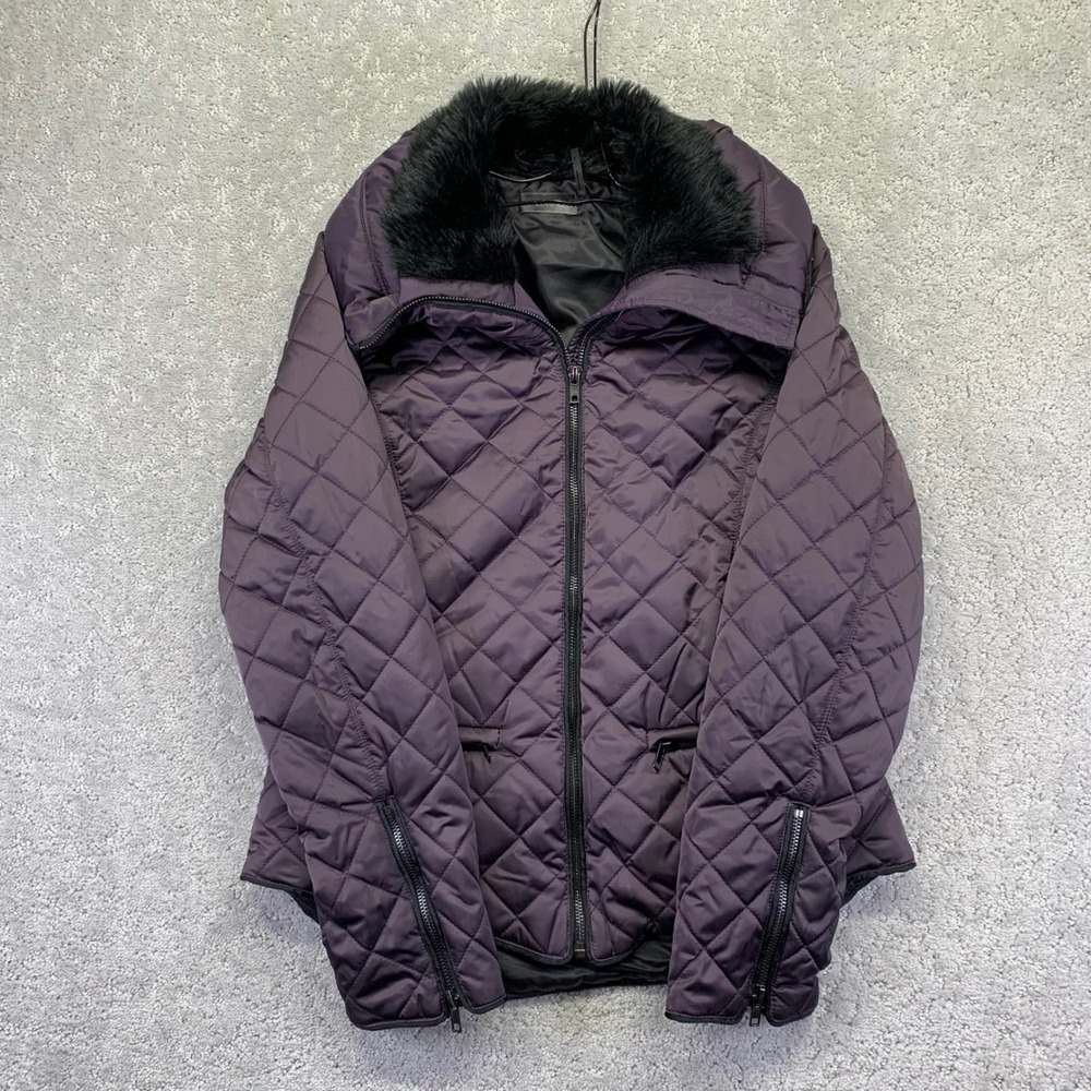 LOVE TOKEN Puffer Jacket Womens Small Purple Black Quilted Faux Fur Collar